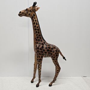 Vintage Large African Giraffe Genuine Leather Wrapped Sculpture Figurine 19"